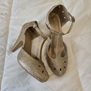 Modcloth Gold Glitter T-Strap Heels